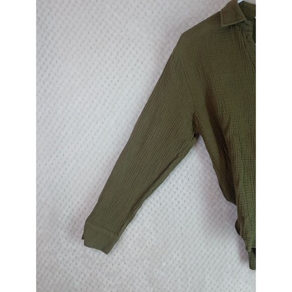 Bibi Crinkle Gauze Button Up High Low Shirt Olive Green Women's Small - Picture 7 of 13